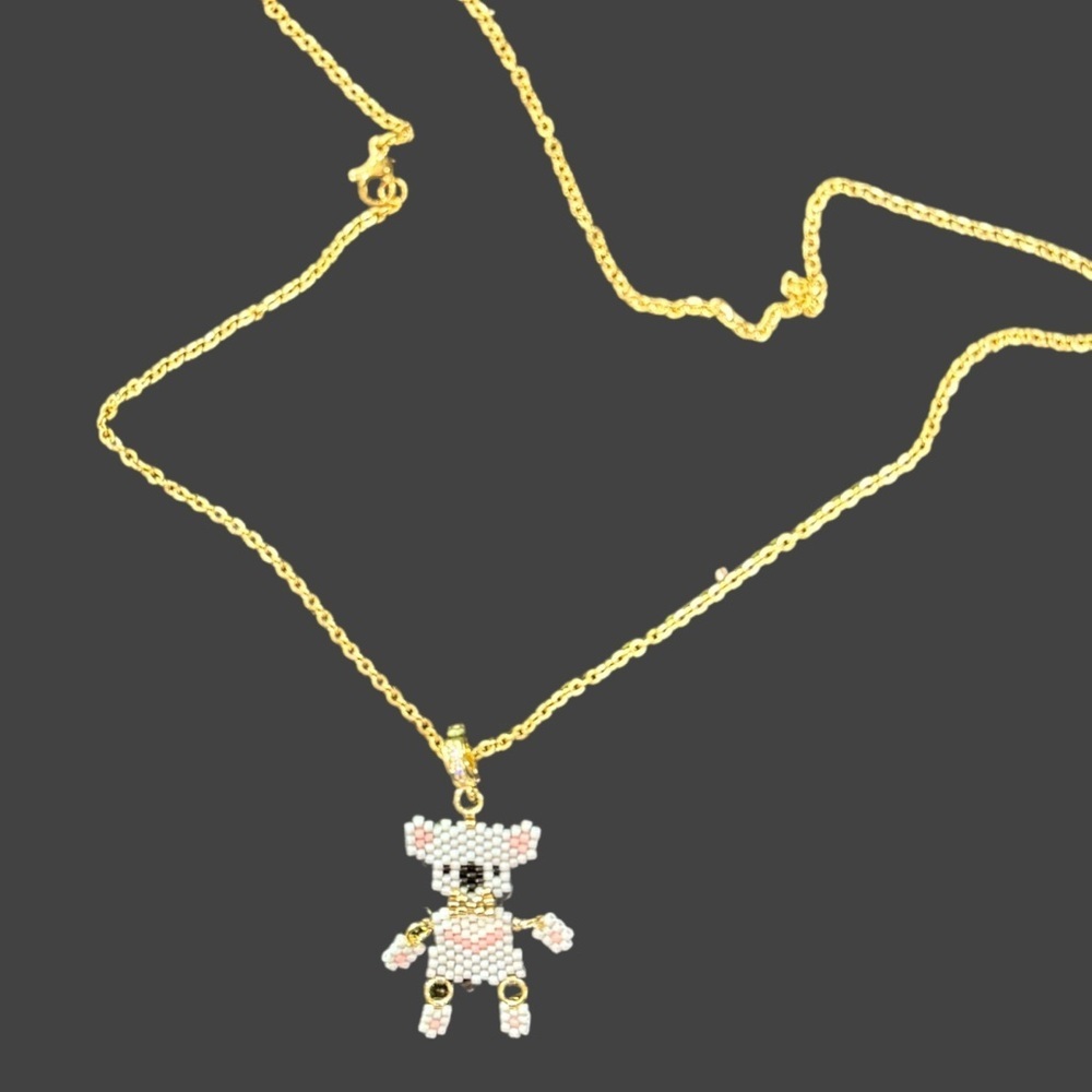Dainty brick stitch, beaded koala bear pendant on gold chain with moving limbs